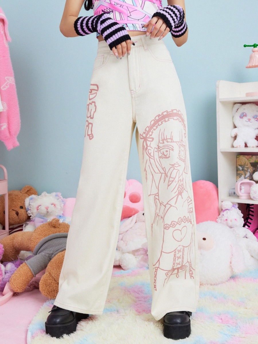 

ROMWE Cartoon Figure Graphic Jeans w0eH#, Beige