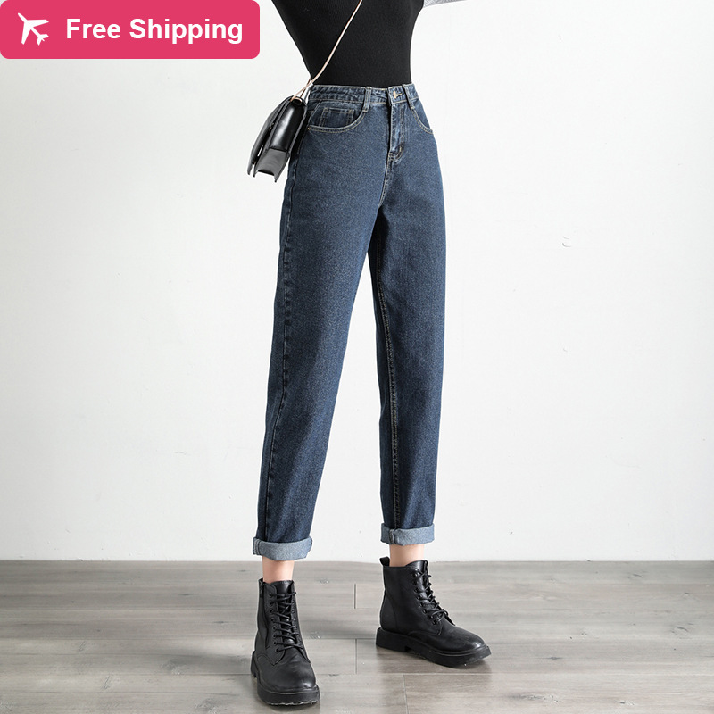 

More white denim breeches for women high waist mother spring 2020 plus size black female jeans denigrate blue beige pants, Blue gray full-lengt