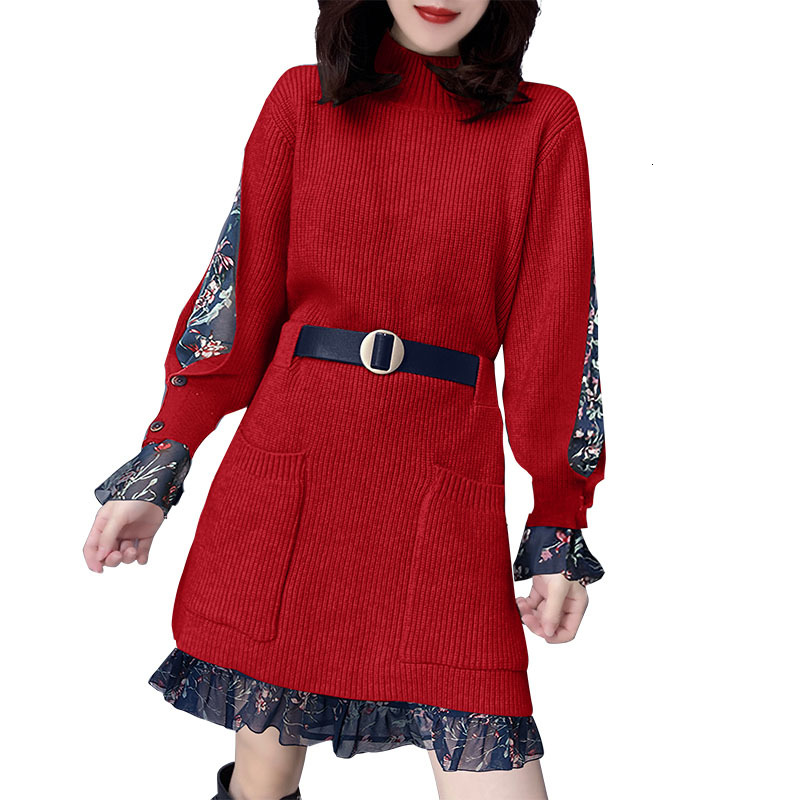 

Spring Female Autumn New Knitted-out Sweater Dressed in Medium-fashion Length Amend False Two Girls'elegant Mesh Dresses Plus Size R607 Kp9g, Navy blue.