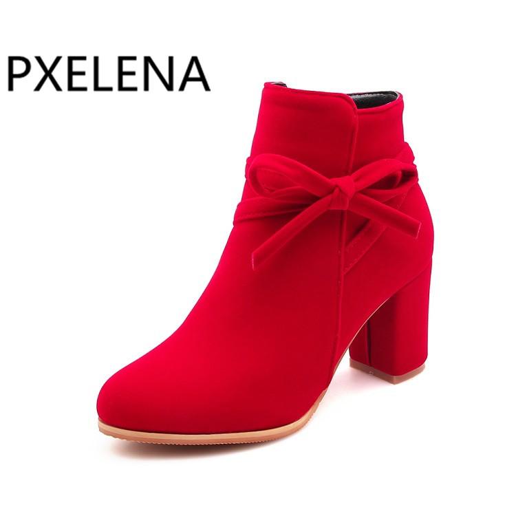 

PXELENA Vogue Bowtie Square High Heels Short Boots Women Flock Round Toe Side Zipper Wedding Office Ankle Boots Red 2020 Winter, Black