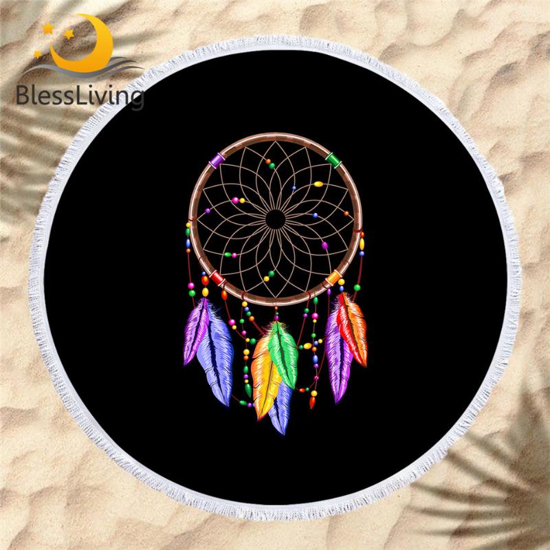 

BlessLiving Dreamcatcher Beach Towel Bohemian Round Bath Towel Colorful Beads Feathers Toalla Black Boho Beach Mat 150cm Toalla