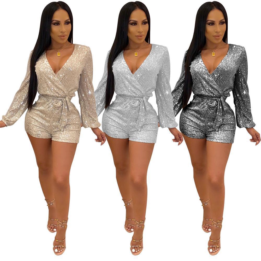 

Sexy Women Sequin Jumpsuit Rompers Solid Color V Neck Long Sleeve Sashes Slim Party Clubwear Bandage Playsuit Overall Female T200704, Champagne