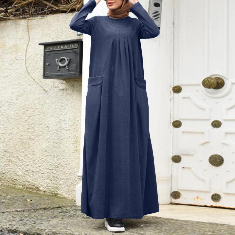 

Plus Size Denim Blue Sundress 2020 Autumn Women Dubai Abaya Long Dress Casual Long Sleeve Muslim Dress Loose Vestidos Kaftan, Black