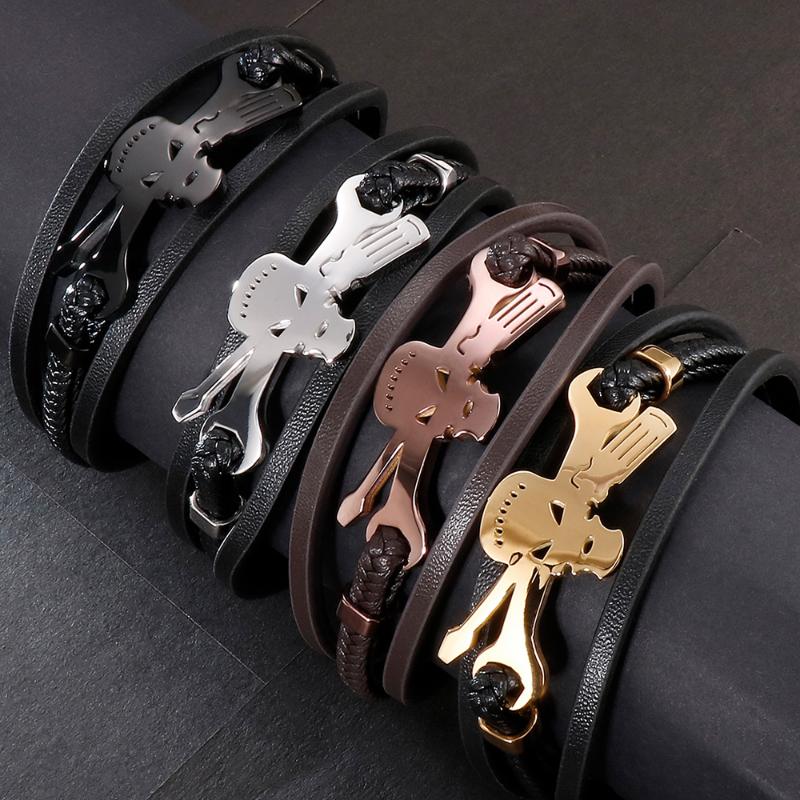 

Tennis Stainless Steel Skeleton Men's Bracelet Skull Trible Layer Braided Genuine Leather Cuff Bracelets Bangles Gifts Viking Jewellery