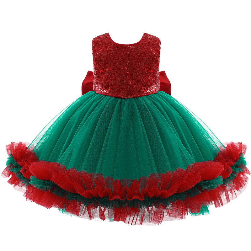 

Girls Festival Party Bowknot Paillette Dress Baby Christmas Bubble Skirt Children Cosply clothes FMF 006, Red