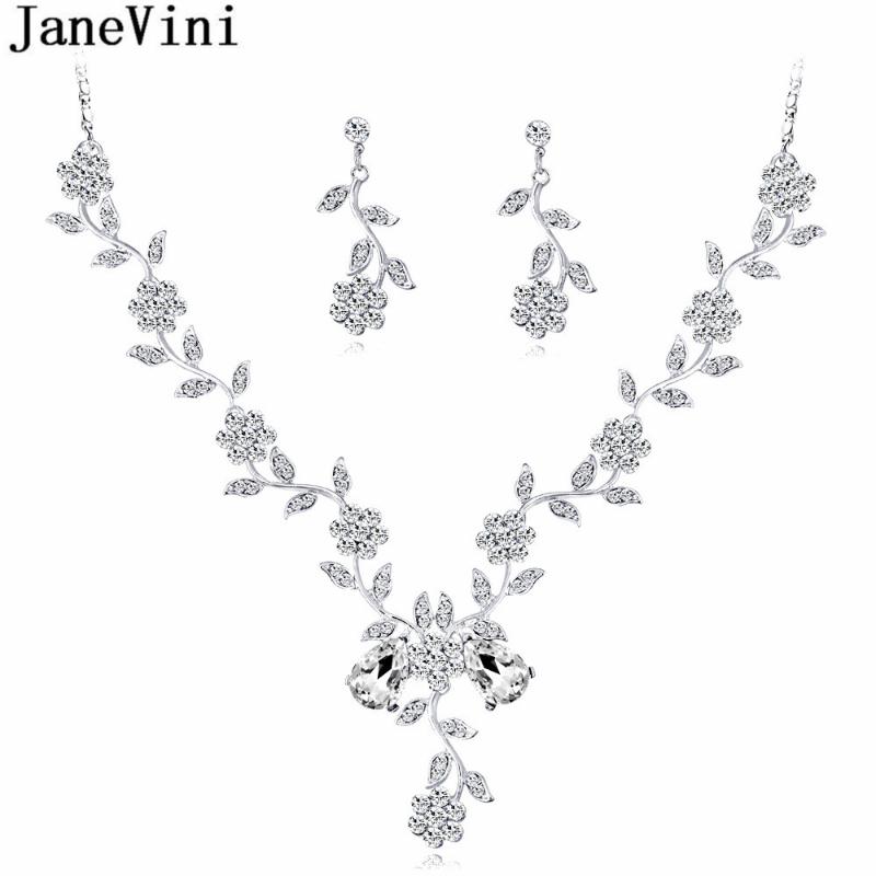 

JaneVini Luxury Wedding Bridal Necklaces Sets For Brides Fashion Crystal Rhinestones Necklace Silver Plated Accessories 2020