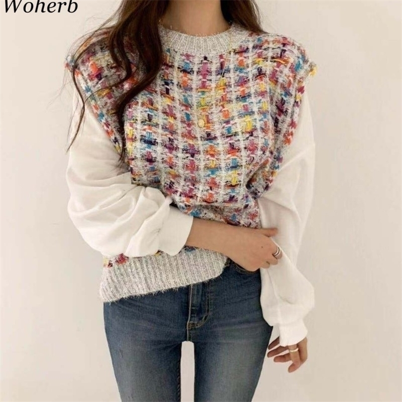 

Woherb Fake 2 Piece Women Sweater Shirts Elegant Plaid Knitted Pullovers Patchwork White Puff Sleeve Blouse Korean Fashion 201123, Black