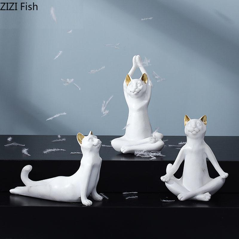 

Nordic Marble Yoga Cat Ornaments Cute Animal Resin Figurines Desk Decoration Living Room Creative TV Wine Cabinet Ornament