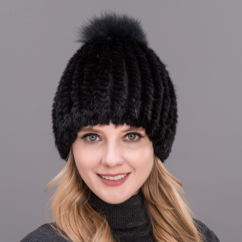 

Royal Vision Hat For Women Warm Winter Closey Real Vertical Hand Natural De Vison Cap Gorros With Fox Skin Pompom, 002