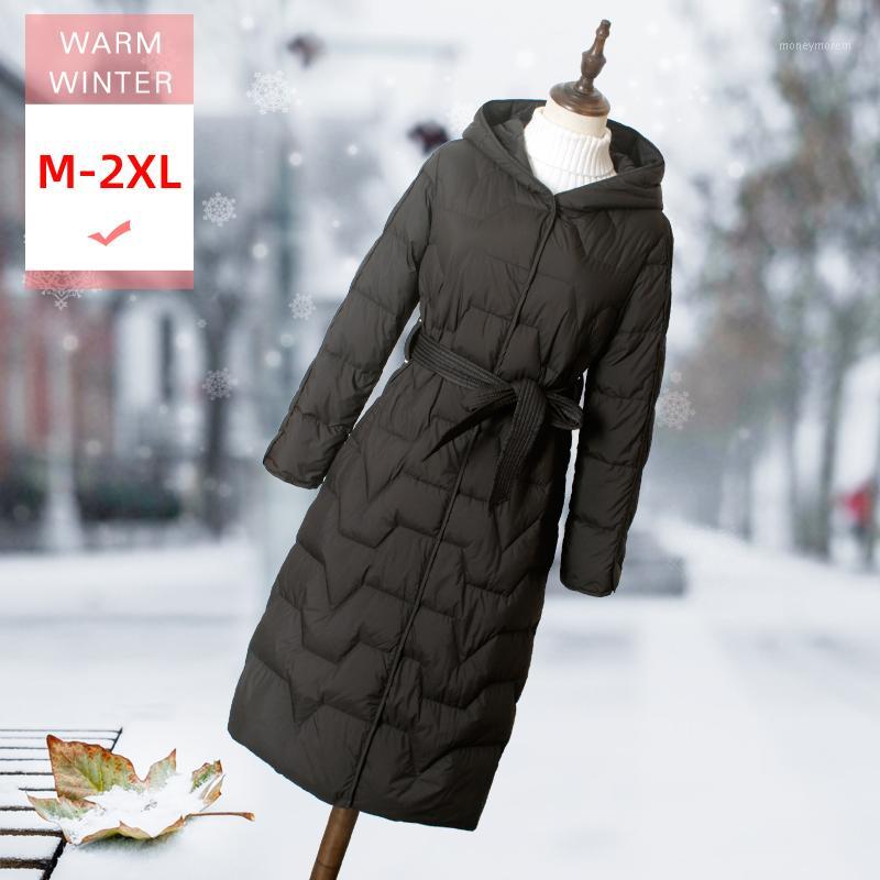 

New Long White Duck Down Jacket With Hood Female Slim Thin Soft Casual Coat Covered Button Windproof Big Size Good Quanlity1, Black