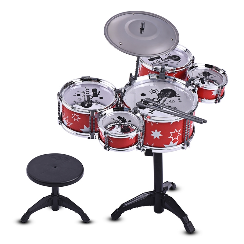 

Children Kids Jazz Drum Set Kit Musical Educational Instrument Toy 5 Drums + 1 Cymbal with Small Stool Drum Sticks for Kids Y200428
