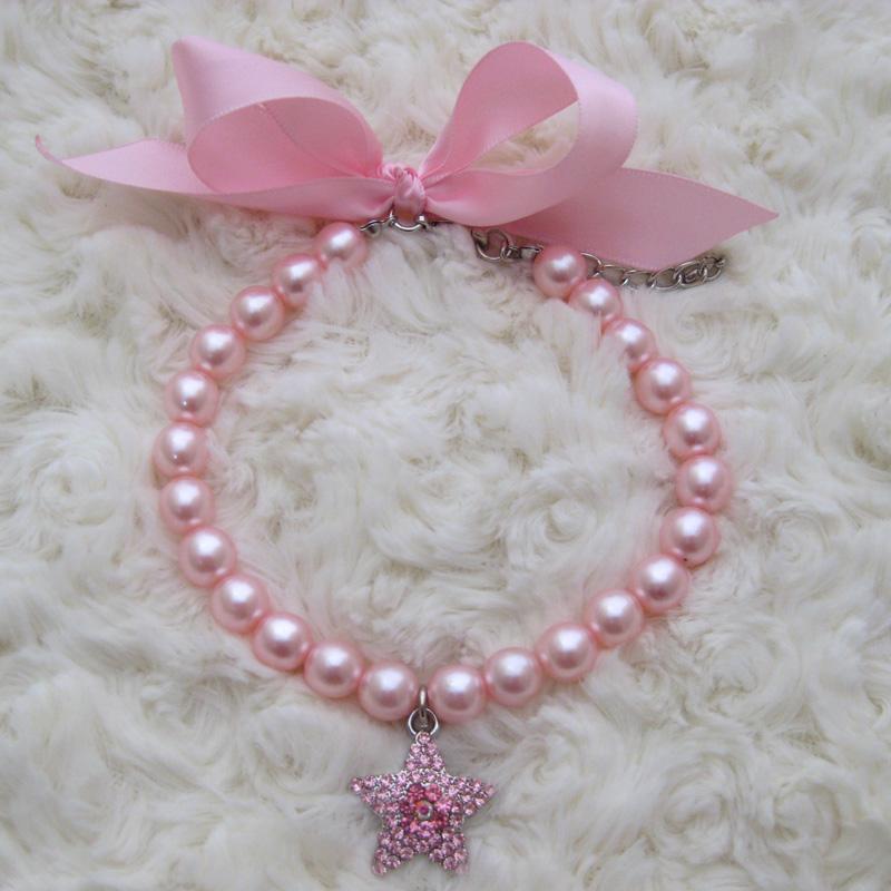 

Pink dog pet pearls necklace collar with rhinestones star charm,pet jewelry
