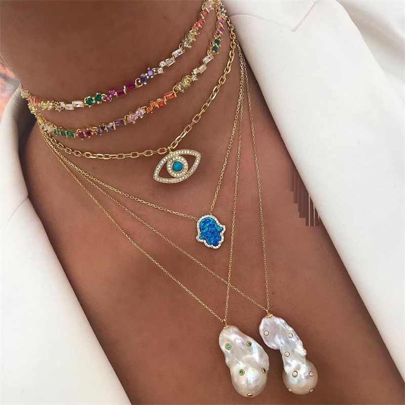 

rainbow cz choker necklace gold color adjusted box chain multi layer new fashion collar chain Y200730