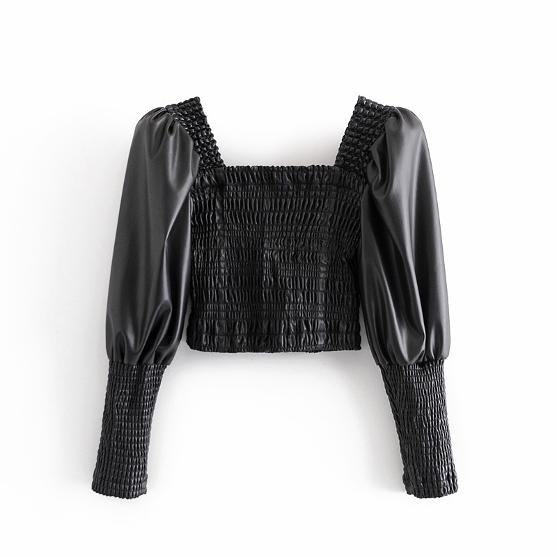 

2021 New Europe and the United States Women' Imitation Leather Sheep Leg Sleeve Blouse Pu Long-sleeved Shirt Female 65029 An3s, See chart