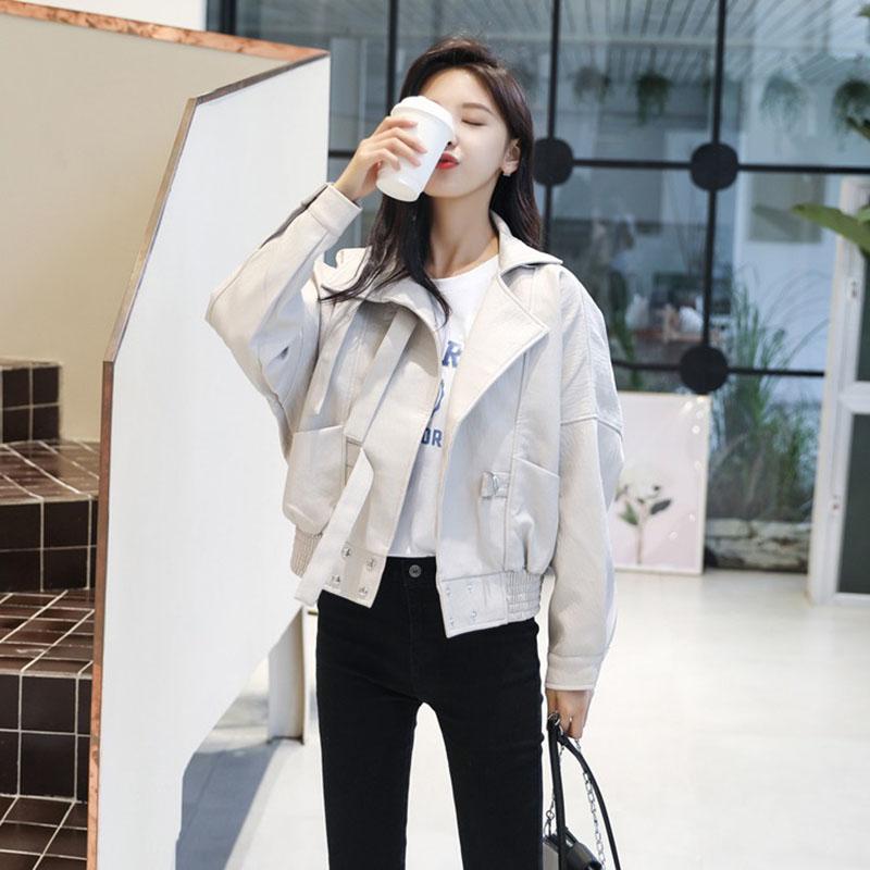 

2020Spring Autumn New Leather Jacket Female Ins Short Korean Suit Collar Loose Casual Small Motorcycle Leather Jacket TideAA151, Black