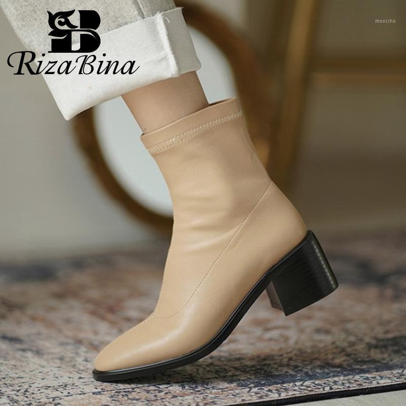 

RIZABINA Women Fashion Boots Shoes Square Toe Thick High Heel Sock Boots Slip On Shoes Solid Color Female Footwear Size 32-461, Black
