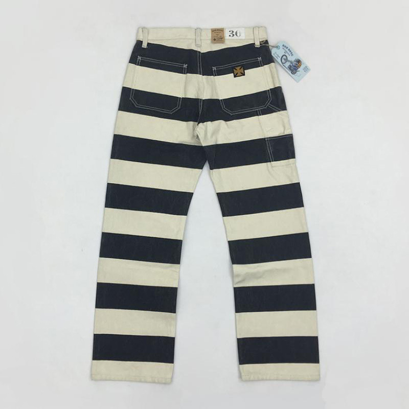 

16oz prison pants multi-pockets striped black motorcycle SZDU, Black cream white.