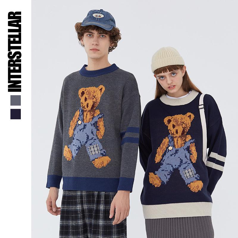 

Spring Autumn New Bear Knitted Jumpers High Quality Sweaters Streetwear England Style Harajuku Casual Pullover Knitwear Mens Top, Gray