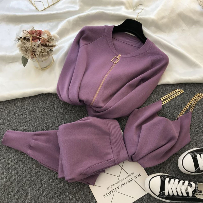 

Inverno casual camisola terno conjunto roupas femininas 2020 senhoras corrente jaqueta malha + calas elsticas conjuntos de, Black