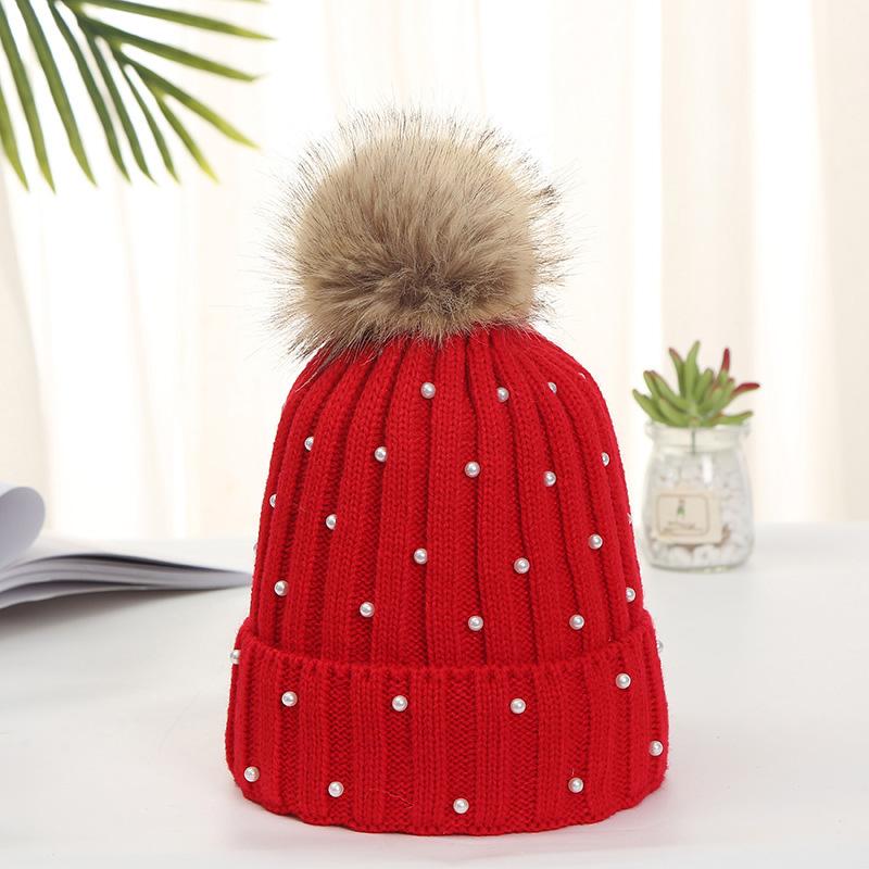 

Fashion Women Winter Hat Female Pompom Poms Cap Simulated Pearls Wool Knitted Beanie Casual Outdoor Warm Female Skullies Hats, Red