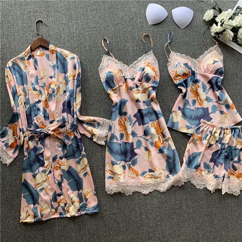 

4 Piece Printed Floral Sleepwear Women Lace Nightgowns Satin Negligee Nightwear Sexy Lingerie Night Dress Bridesmaid Bathrobe, Beige