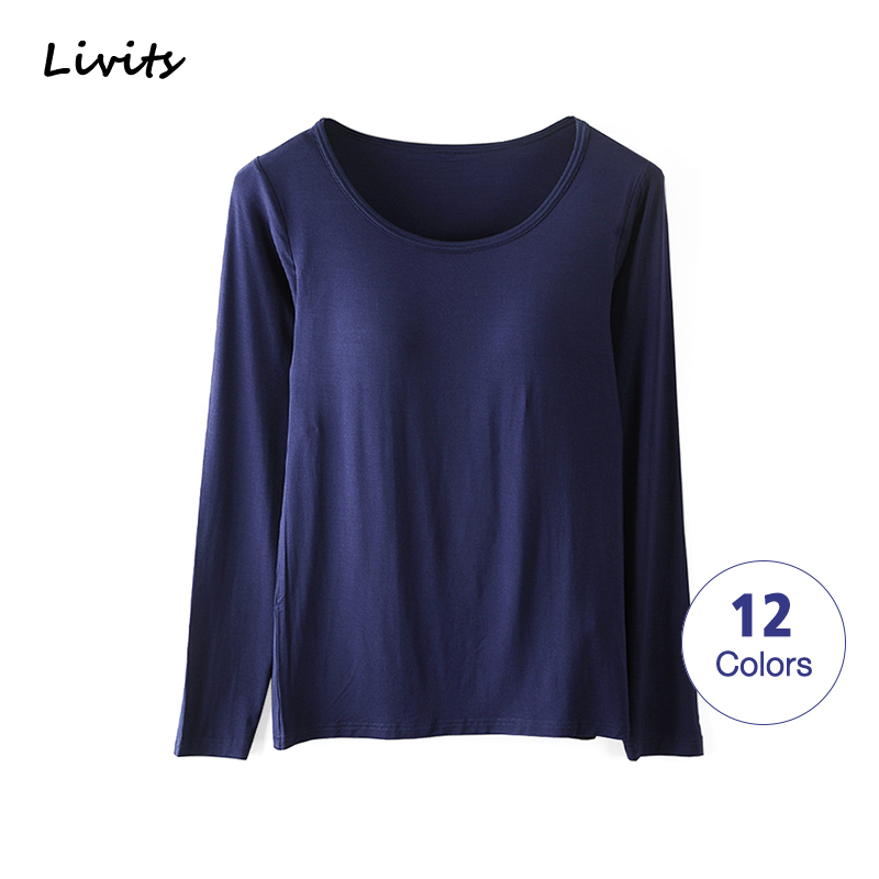 

Women T-Shirts Buili-in Bra Padded Stretchable Modal Tops Tshirts Long Sleeve Plain Sexy Casual Korean Spring Autumn SA0067 201125, Apricot