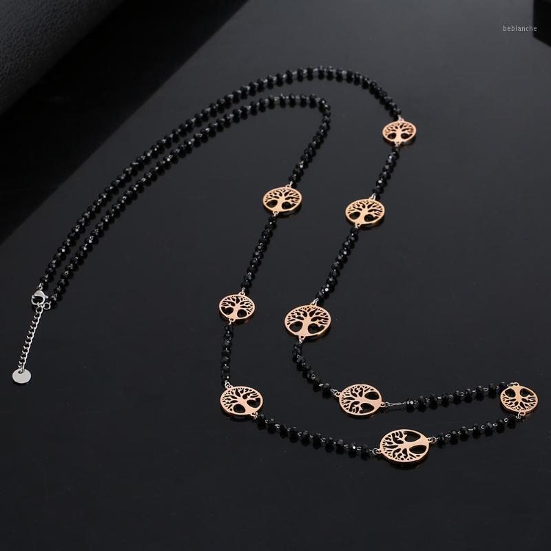 

Chains Luxury Black Crystal Chain Necklace For Women Stainless Steel Tree Of Life Charms Long Elegant Party Jewelry 20211