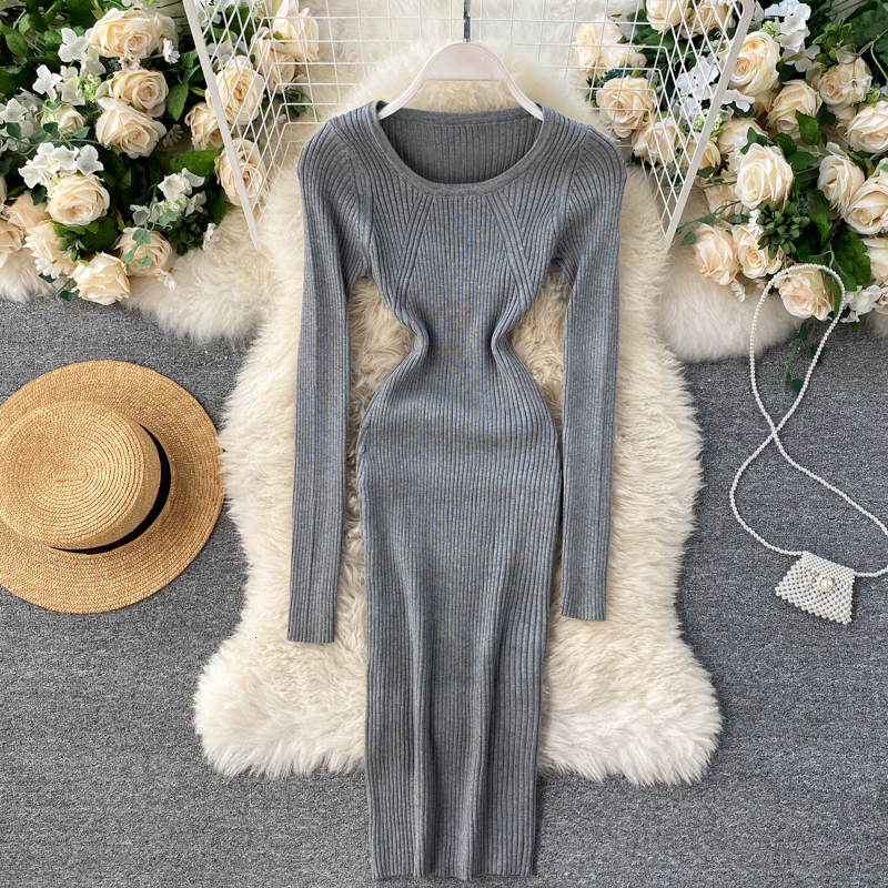 

2021 New Female , knitted or crocheted, autumn pencils, neck long, elastic sleeve, thin dresses bodycon, nightgown. X23J, Dark blue