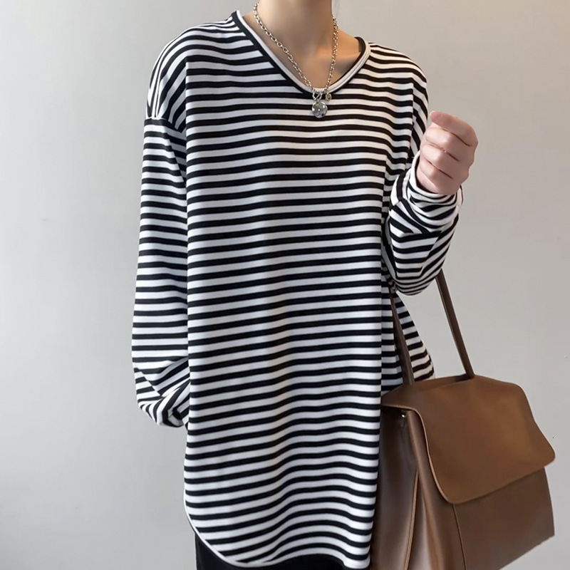 

New 2021 Spring V-neck Striped t Shirts Long Sleeve Loose Style Tops Split Hem Women White Tees F5vy, Black