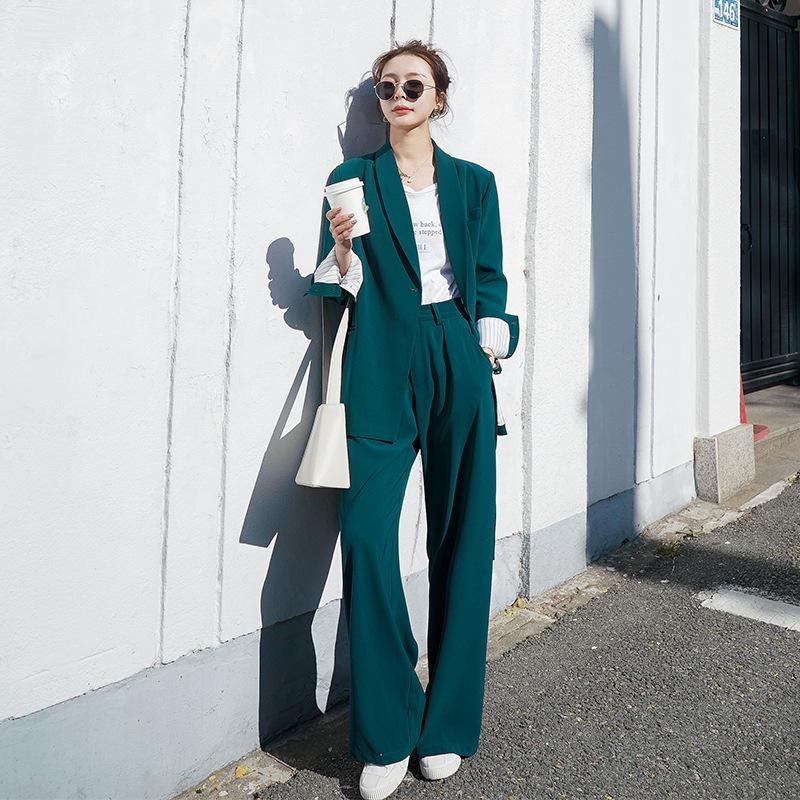 

2020 Vintage Autumn Thicken Women Pant Suit Green belt Blazer Jacket Pant Office Wear wide leg Women Suits Female Sets t4