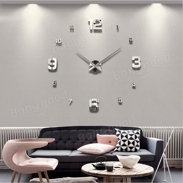 

New Luxury 3D Modern DIY Home Wall Clock Sticker Metal Big Watch Silver Quiet Wall Clock Interesting 3D