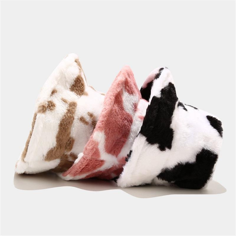 

New Winter Cow Printing Bucket Hats for Women Tourism Outdoor Warm Plush Fisherman Cap Lady Fashion Accessories Present