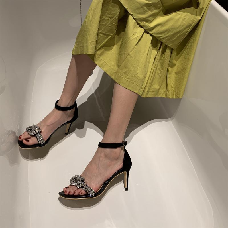 

Summer ladies rhinestone high heel ankle strap party wedding sandals elegant dress banquet bridal wedding high heel sandals, Black