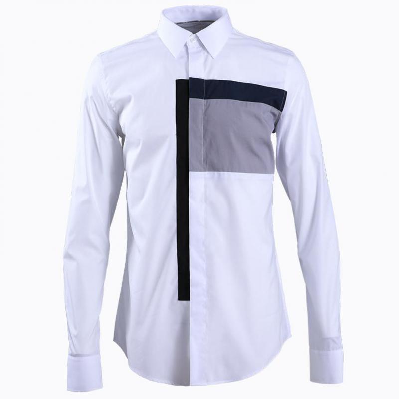 

2020 Men Shirt Luxury Black White Splicing Party Nightclub Wedding Mens Dress Shirts Fashion Long Sleeve Slim Fit Shirts Man