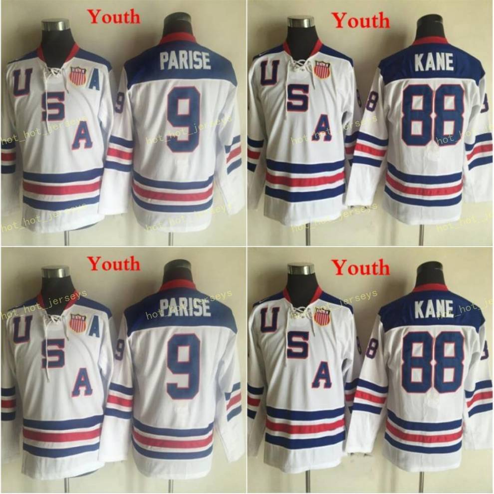 

Youth 2010 Olympic Team USA #9 Zach Parise Hockey Jerseys #88 Patrick Kane Kids White Navy Blue USA Boys Stitched Hockey Jersey, As