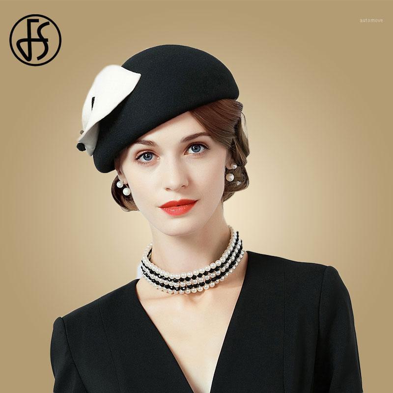 

FS Elegant 100% Wool Fascinator Hat For Wedding Berets Women Fedora 2021 Black Hats Ladies Felt Flower Pillbox Hat Winter1