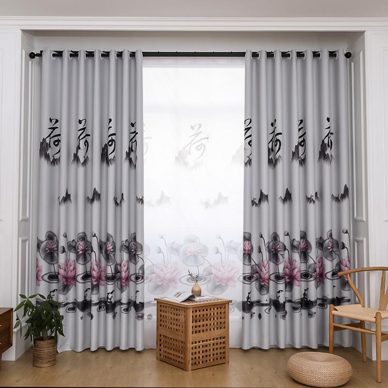 

Chinese Geomantic Ink Painting Water Ink Lotus Printing Shade Curtains for Living Dining Room Bedroom, Pink tulle
