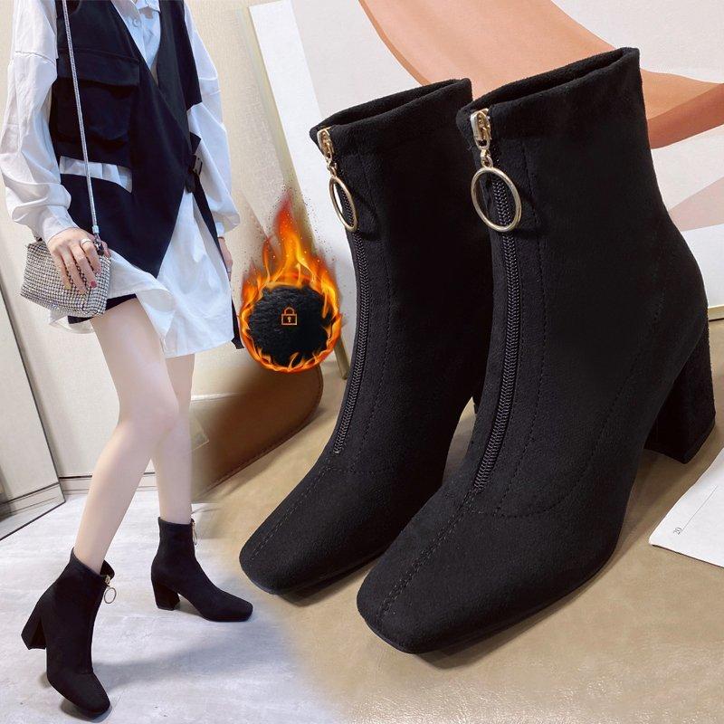 

Boots Women New 2020 Zipper Female Shoes Round Toe Winter Footwear Low Rubber Rock Ladies Mid-Calf Mid Calf Autumn High