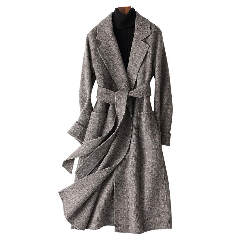 

Autumn Winter Double Faced Wool Blends Women's Long Slim V Neck Belt Office Lady Woolen Jackets Coats Plus Size, As picture