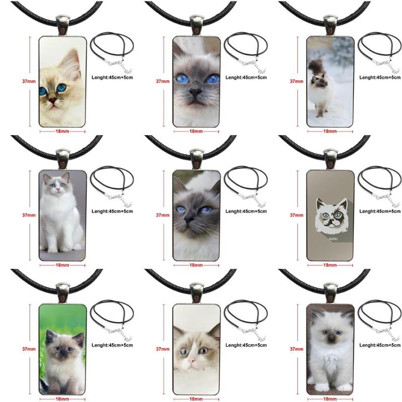 

For Women Party Pet Ragdoll Cat Blue Eyes Vintage Jewelry Steel Color Glass Cabochon Choker Pendant Long Rectangle Necklace