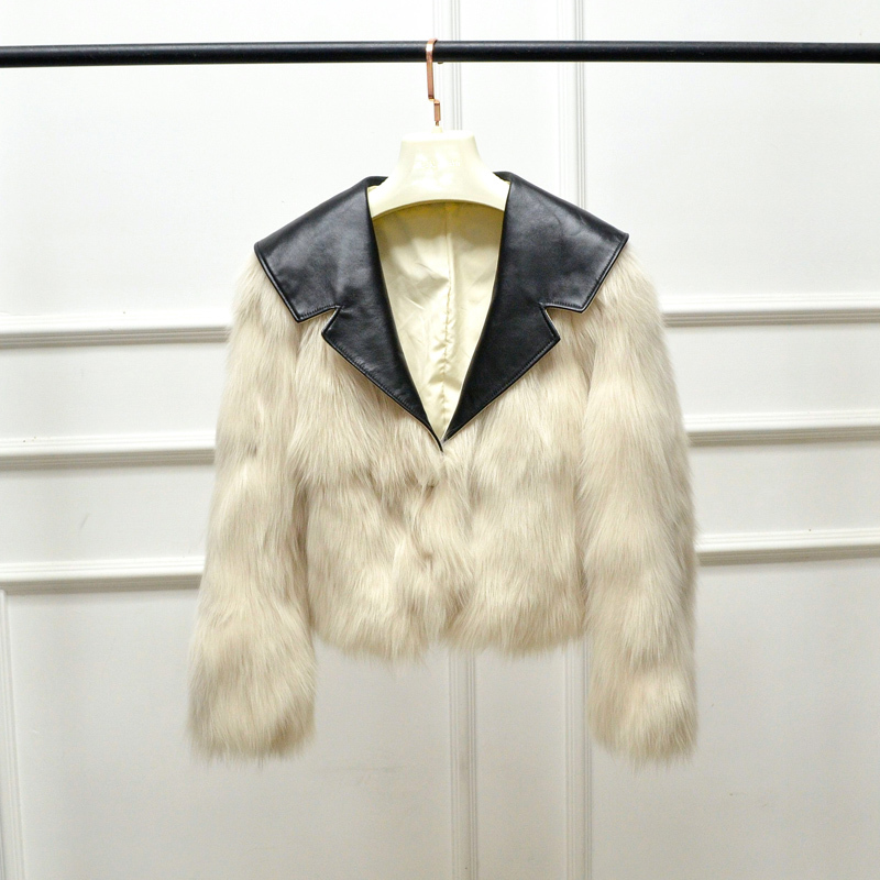 

Design Women's Fashionable Complete Luxury by Sheep's Leather Suit Collar Genuine Fox Skin Coat Ladies Winter Thick Hot Jacket Uxta, Black collar