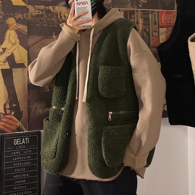 

Lamb Wool Vest Sleeveless Motorcycle Pocket Retro Casual Fashion Vest Thicken Fleece Jaqueta Masculina Men Clothing DE50MBX, Black