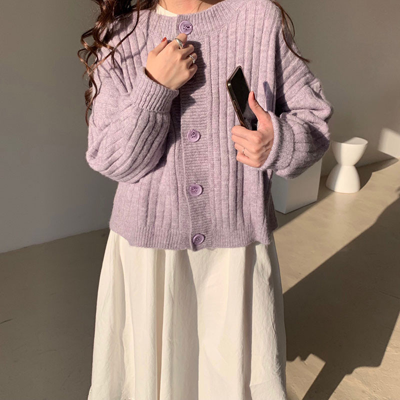 

2021 New Nova Gola Redonda Roxa Blusas Estilo Japons Meninas Soltas Jumpers Macio Malha Cera Cardigan Moda Feminina Outono 8BDU, Purple