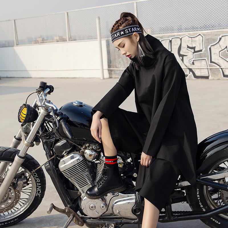 

SuperAen Spring Autumn 2020 New Streetwear Fashion Loose Cape Sweatshirt Women Full Turtleneck Irregular Splicing Top, Black