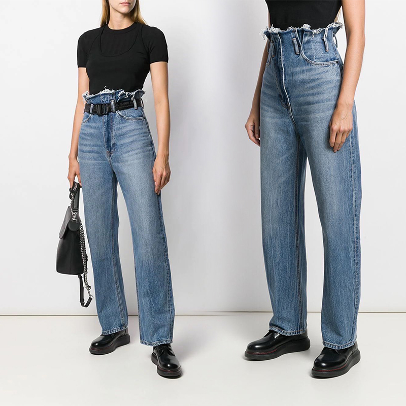 

2020 women's new ultra-high waist wide-leg loose A wang tassel straight casual denim blue trousers jeans, Black