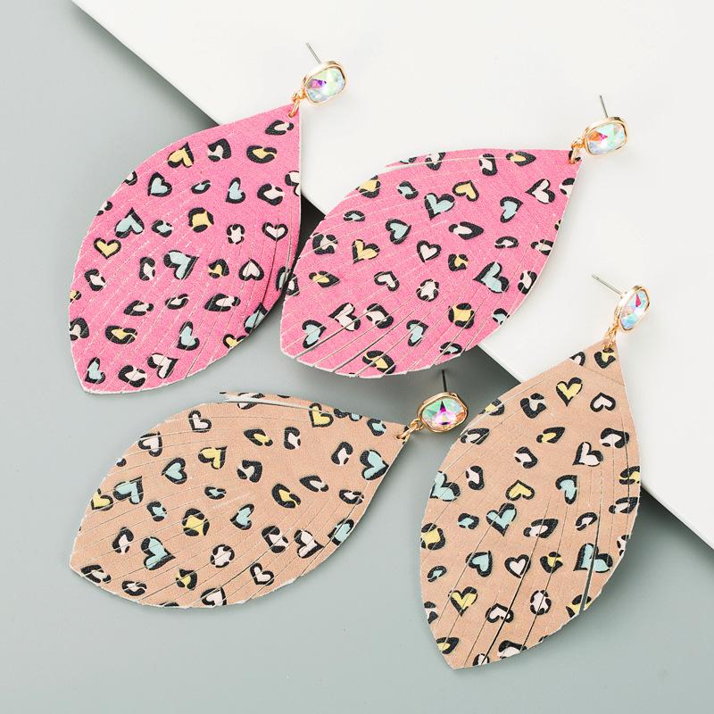 

2021 New Leopard Print Feather Shape Leather Earrings with Rhinestone Tassel Gold Leaf Drop Earrings for Women Girls