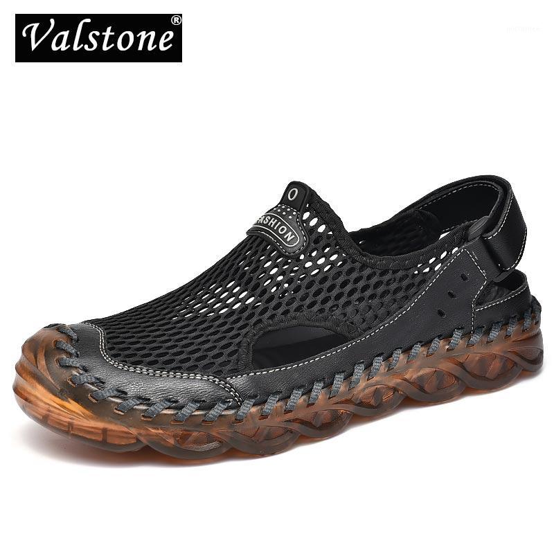 

Valstone Plus Size 38-46 Summer Leather Men Sandals Black Flats Mesh Casual Beach Shoes Sandalias de hombres slip-on and lace-up1, Black slip-on