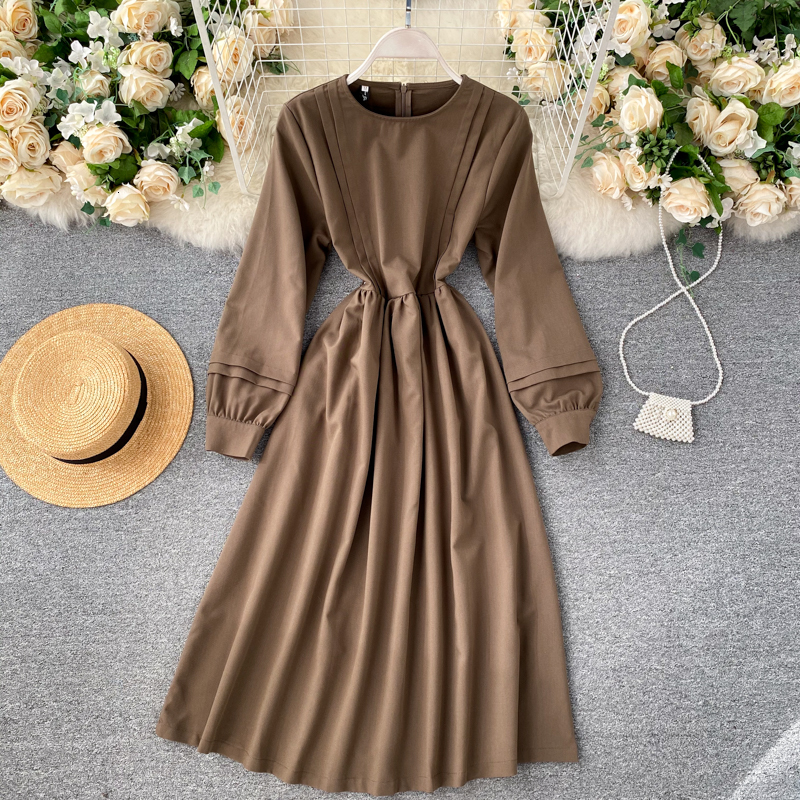 

2021 New female strapped solid neck line dressed fall elegant dress all-match K5FL, Brown