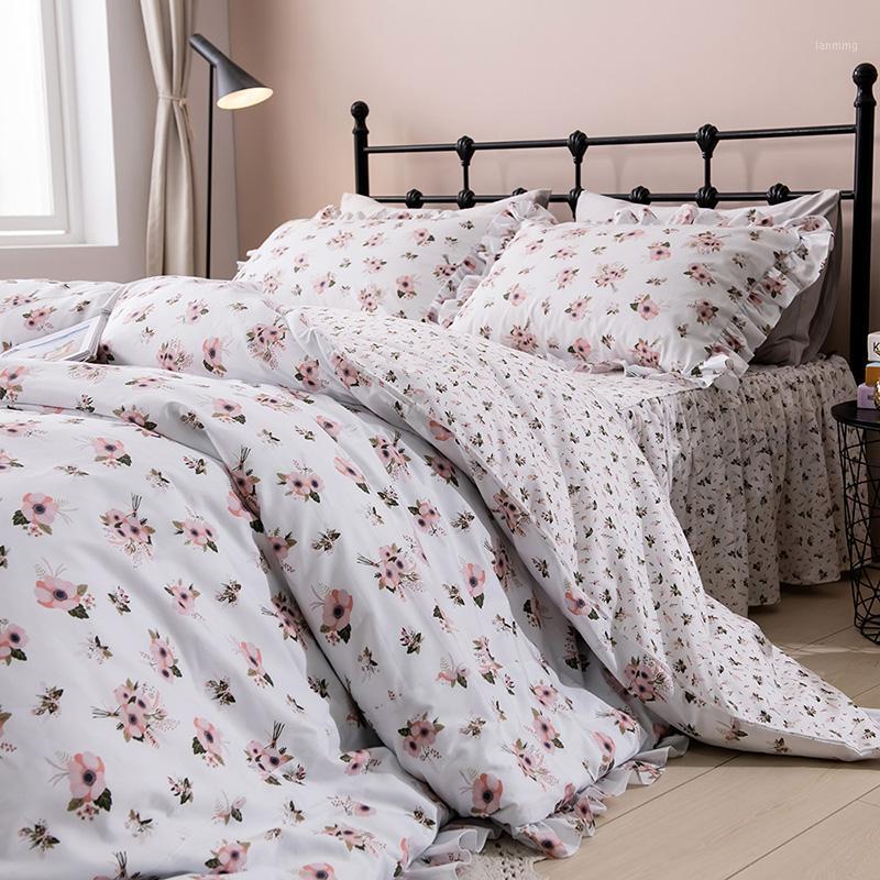 

Korean style ruffles bedsheet set fresh floral princess pure cotton ropa de cama bed sheets and pillowcases duvet cover set1, As pic