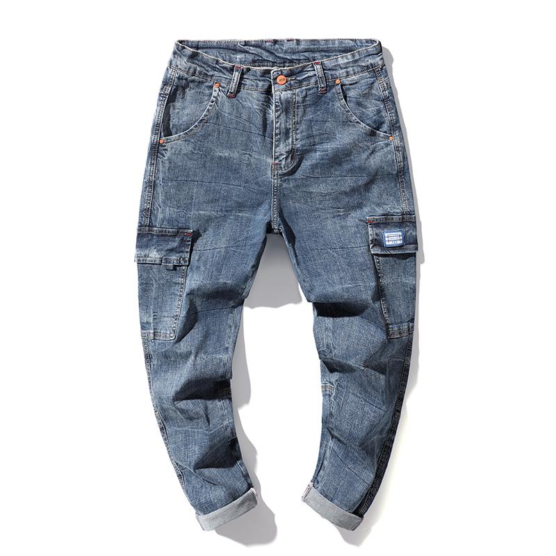 

Spring Men Cargo Pants and Summer Stretch Light Blue Loose Fit Multi-Pockets Casaul Denim Pants Soft Plus Size 42 40